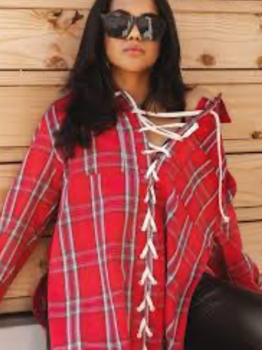 POL Red Plaid Lace-Up Button Down Tunic Shirt in Size Small (oversized)